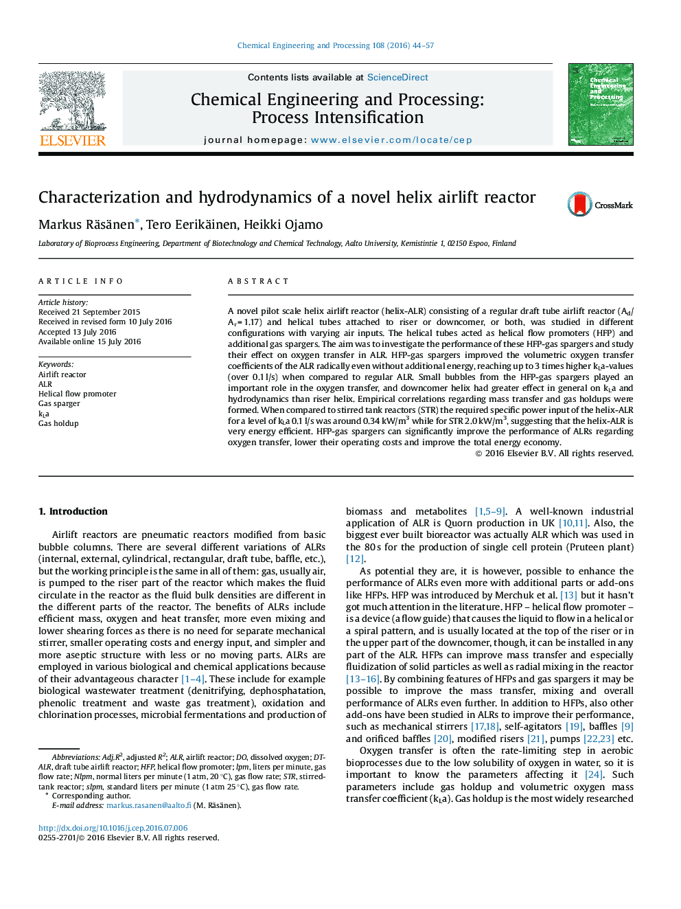 Characterization and hydrodynamics of a novel helix airlift reactor