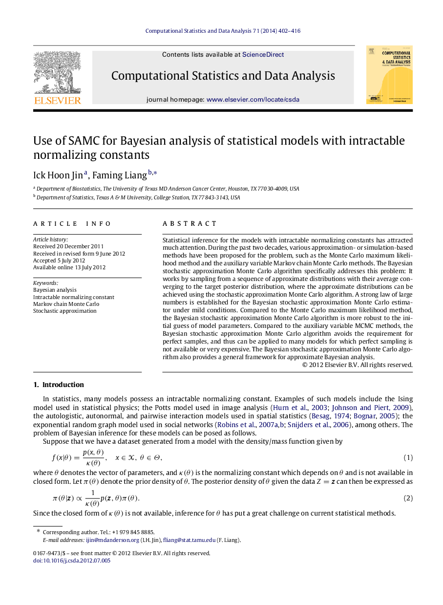 Use of SAMC for Bayesian analysis of statistical models with intractable normalizing constants