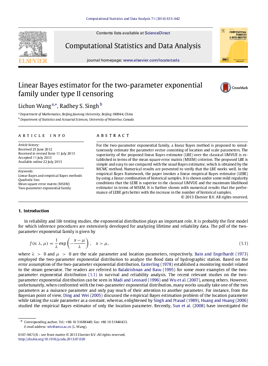 Linear Bayes estimator for the two-parameter exponential family under type II censoring