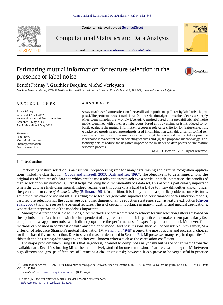 Estimating mutual information for feature selection in the presence of label noise