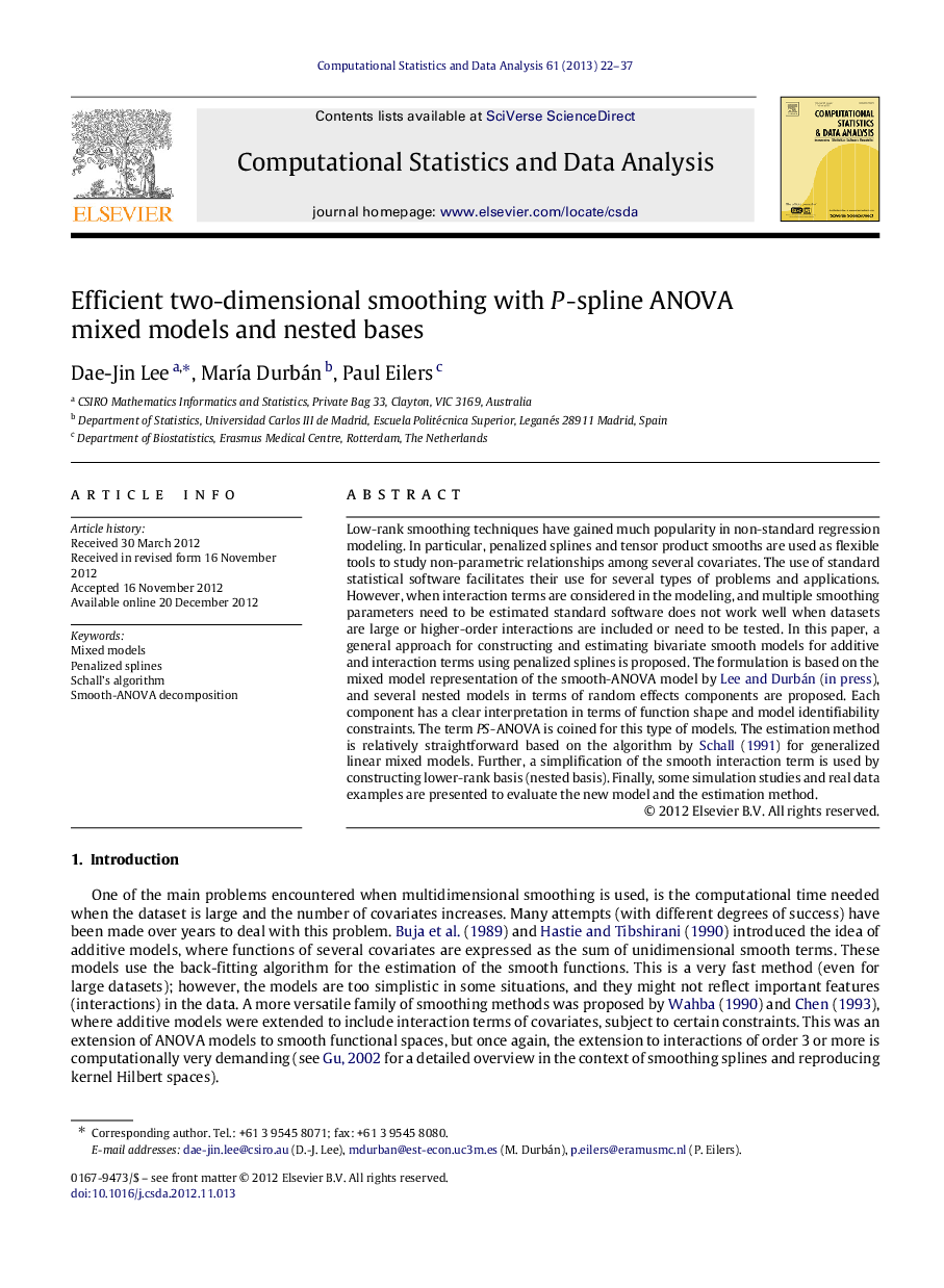 Efficient two-dimensional smoothing with P-spline ANOVA mixed models and nested bases