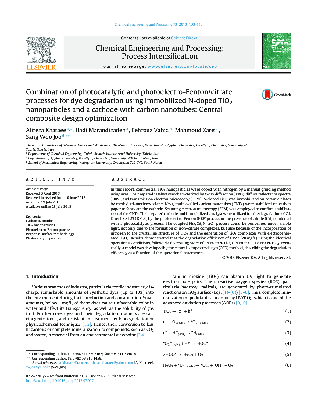 Combination of photocatalytic and photoelectro-Fenton/citrate processes for dye degradation using immobilized N-doped TiO2 nanoparticles and a cathode with carbon nanotubes: Central composite design optimization