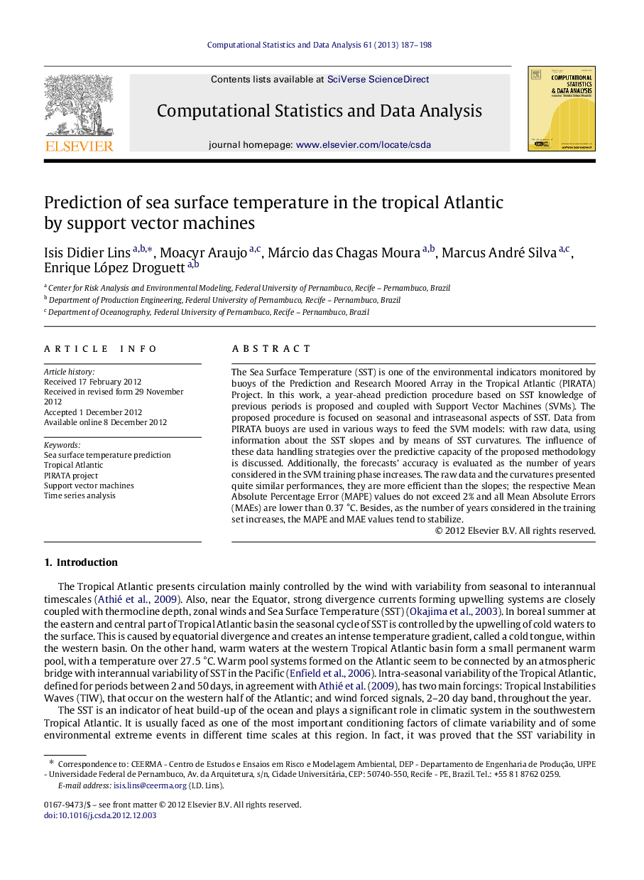 Prediction of sea surface temperature in the tropical Atlantic by support vector machines