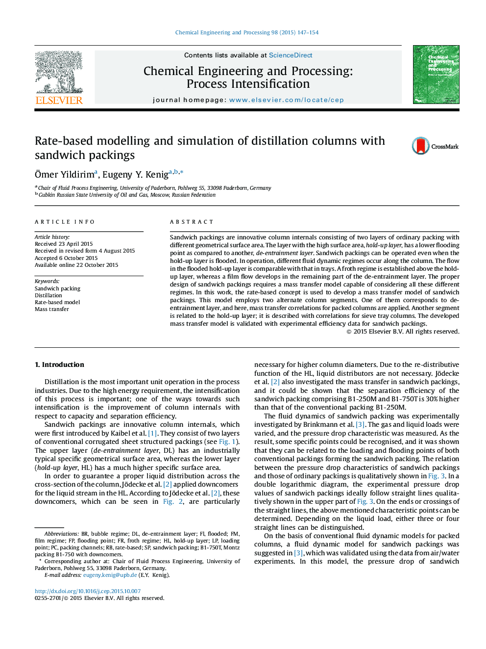 Rate-based modelling and simulation of distillation columns with sandwich packings