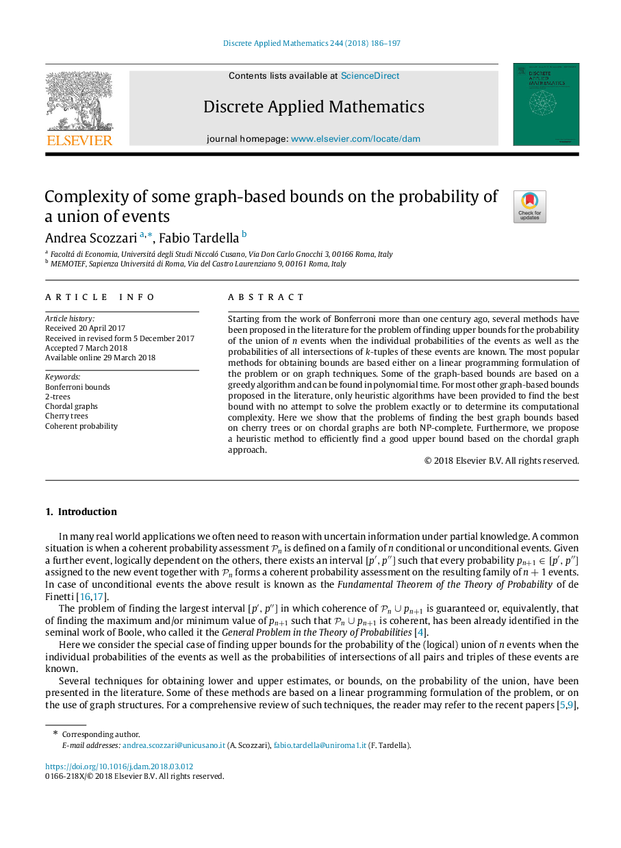 Complexity of some graph-based bounds on the probability of a union of events