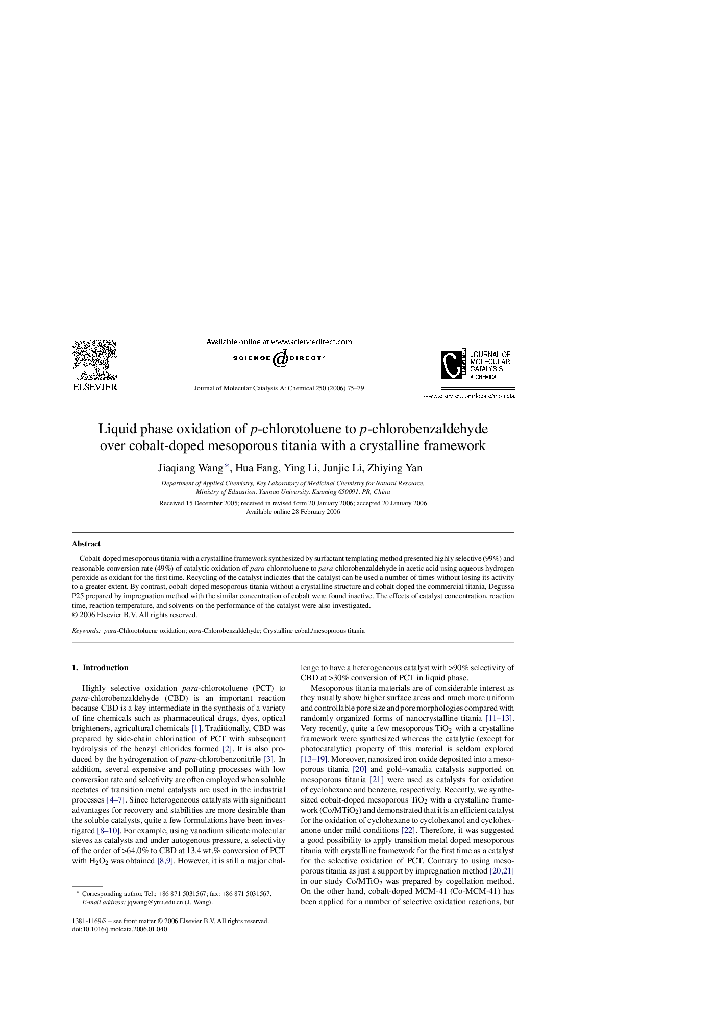 Liquid phase oxidation of p-chlorotoluene to p-chlorobenzaldehyde over cobalt-doped mesoporous titania with a crystalline framework