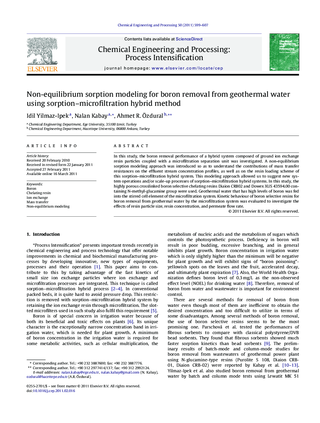 Non-equilibrium sorption modeling for boron removal from geothermal water using sorption–microfiltration hybrid method