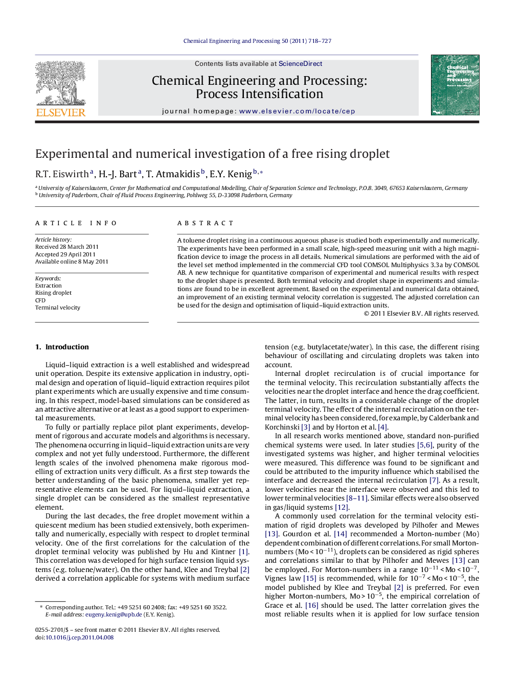عکس صفحه اول مقاله: Experimental and numerical investigation of a free rising droplet Experimental and numerical investigation of a free rising droplet