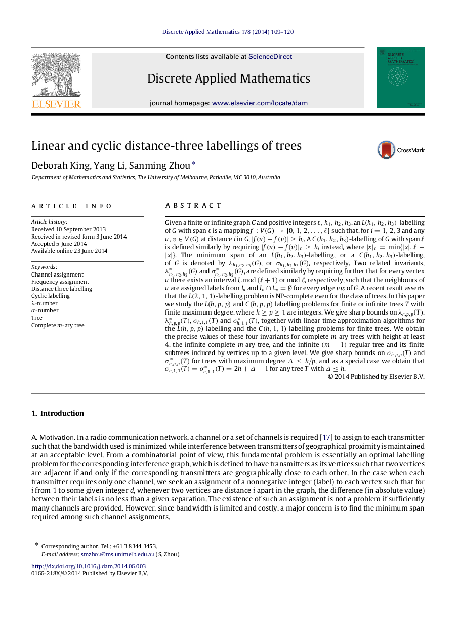 Linear and cyclic distance-three labellings of trees