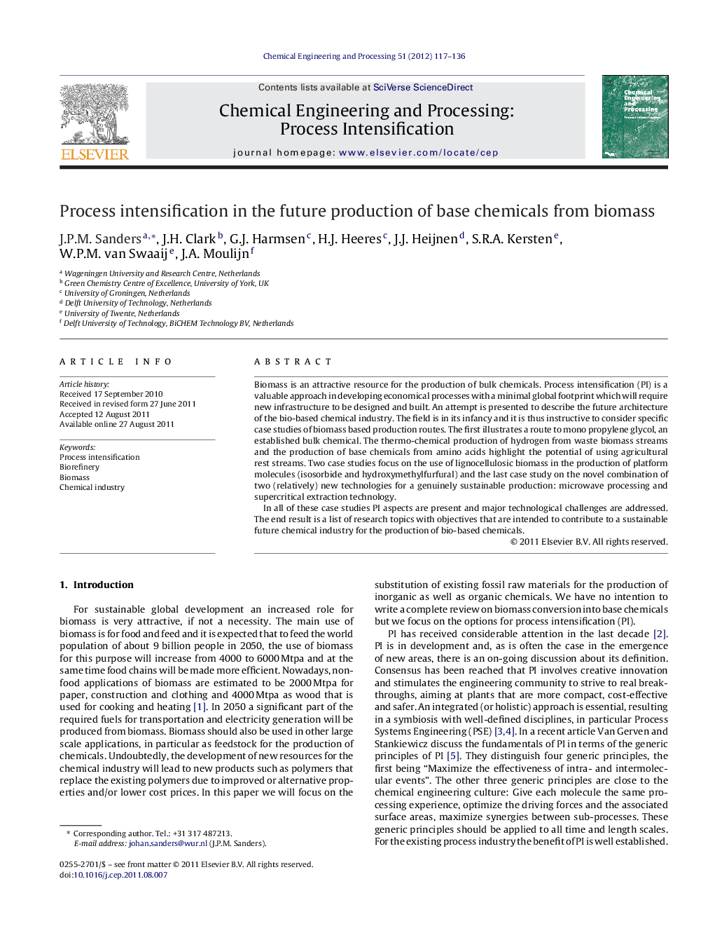 Process intensification in the future production of base chemicals from biomass