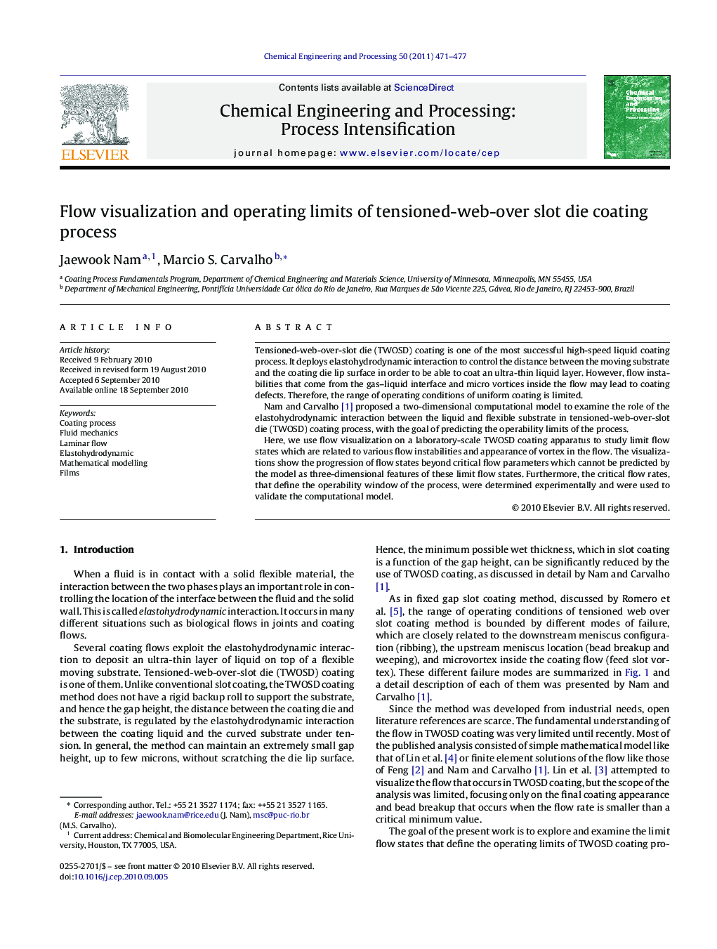 Flow visualization and operating limits of tensioned-web-over slot die coating process