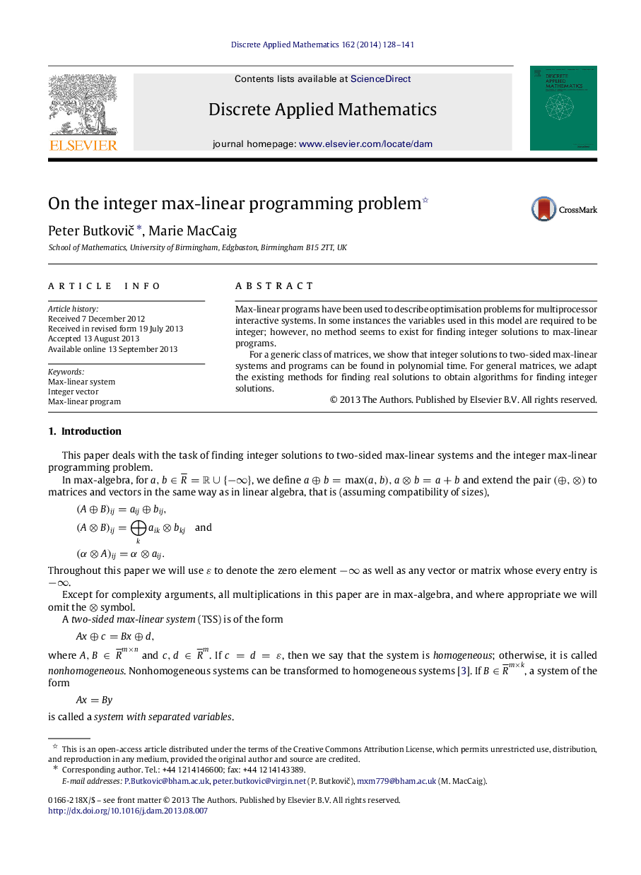 On the integer max-linear programming problem