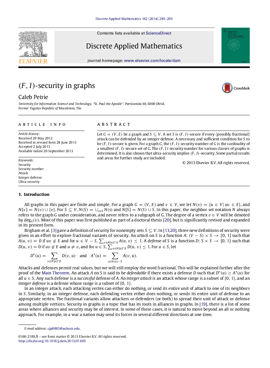 (F,I)-security in graphs