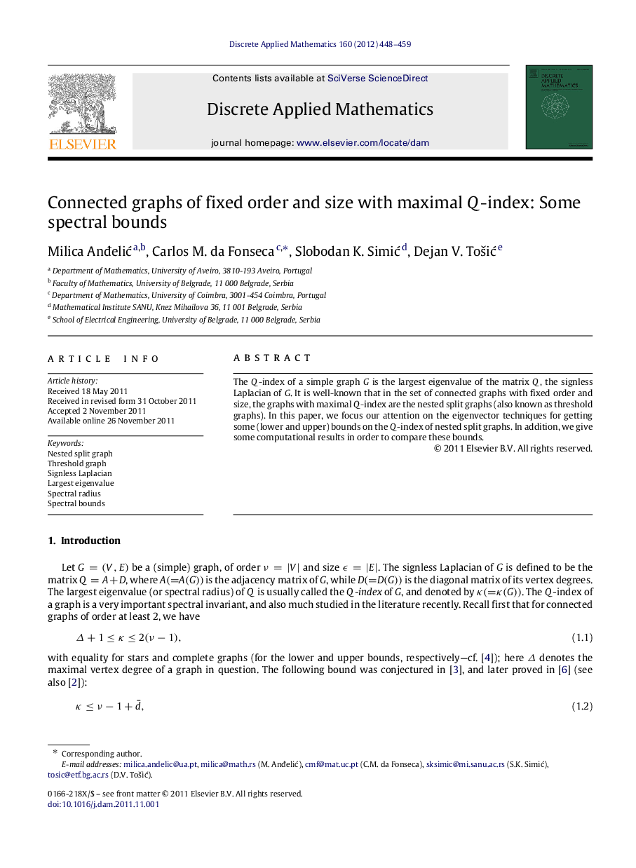عکس صفحه اول مقاله: Connected graphs of fixed order and size with maximal Q-index: Some spectral bounds Connected graphs of fixed order and size with maximal Q-index: Some spectral bounds