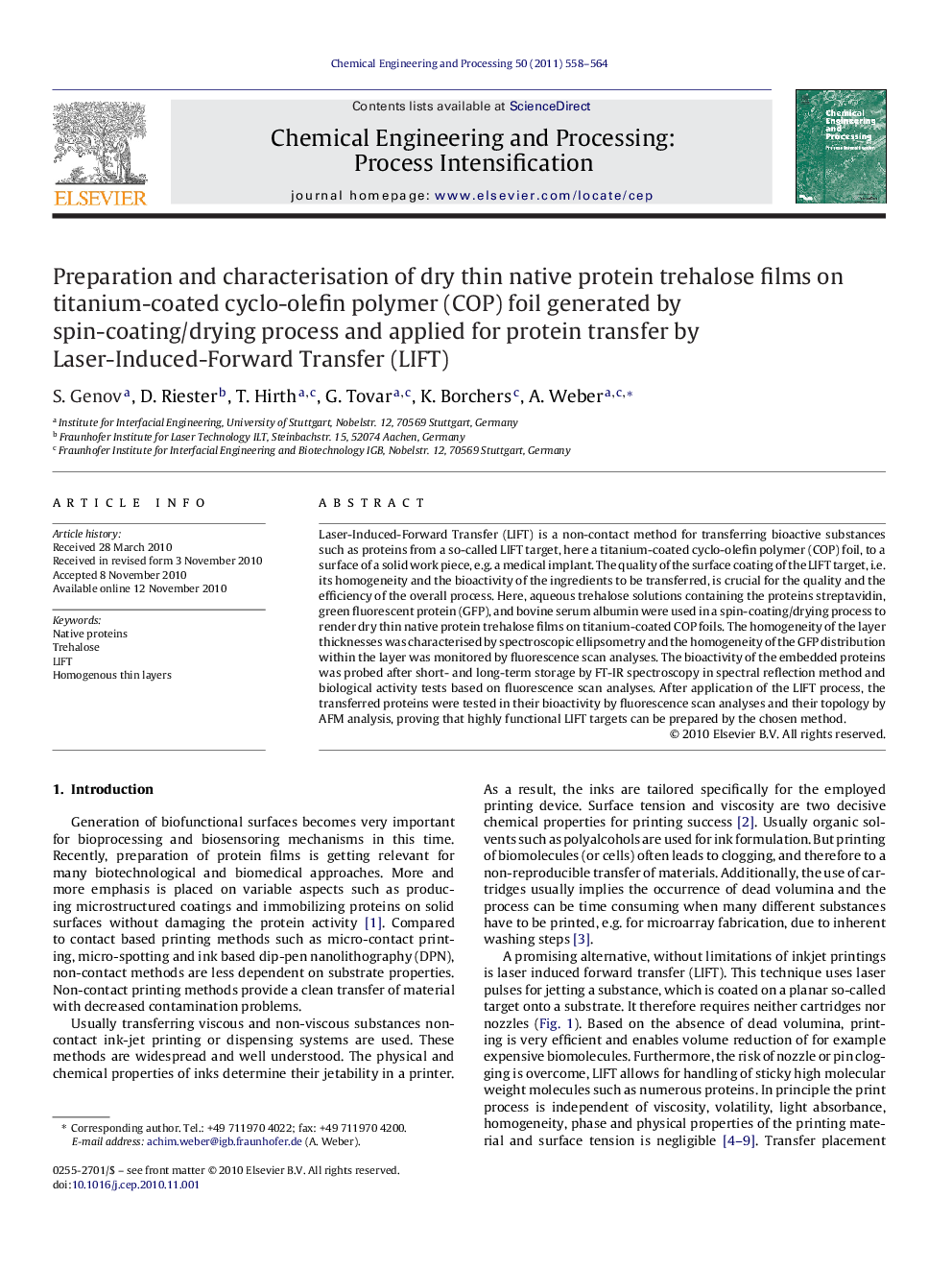 Preparation and characterisation of dry thin native protein trehalose films on titanium-coated cyclo-olefin polymer (COP) foil generated by spin-coating/drying process and applied for protein transfer by Laser-Induced-Forward Transfer (LIFT)