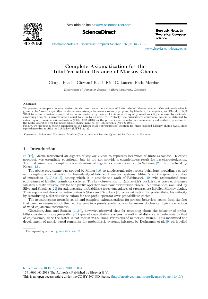 Complete Axiomatization for the Total Variation Distance of Markov Chains