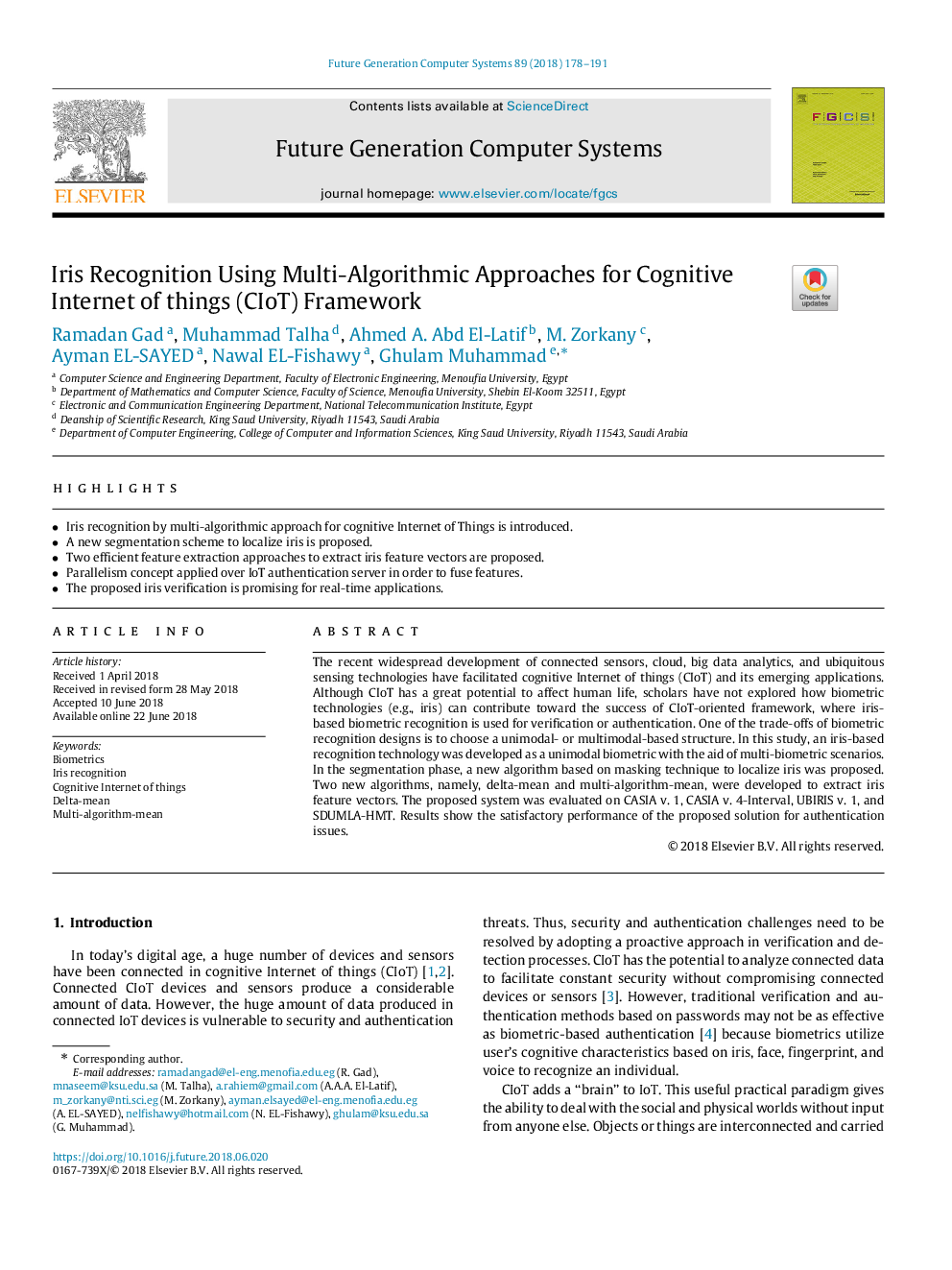 Iris Recognition Using Multi-Algorithmic Approaches for Cognitive Internet of things (CIoT) Framework