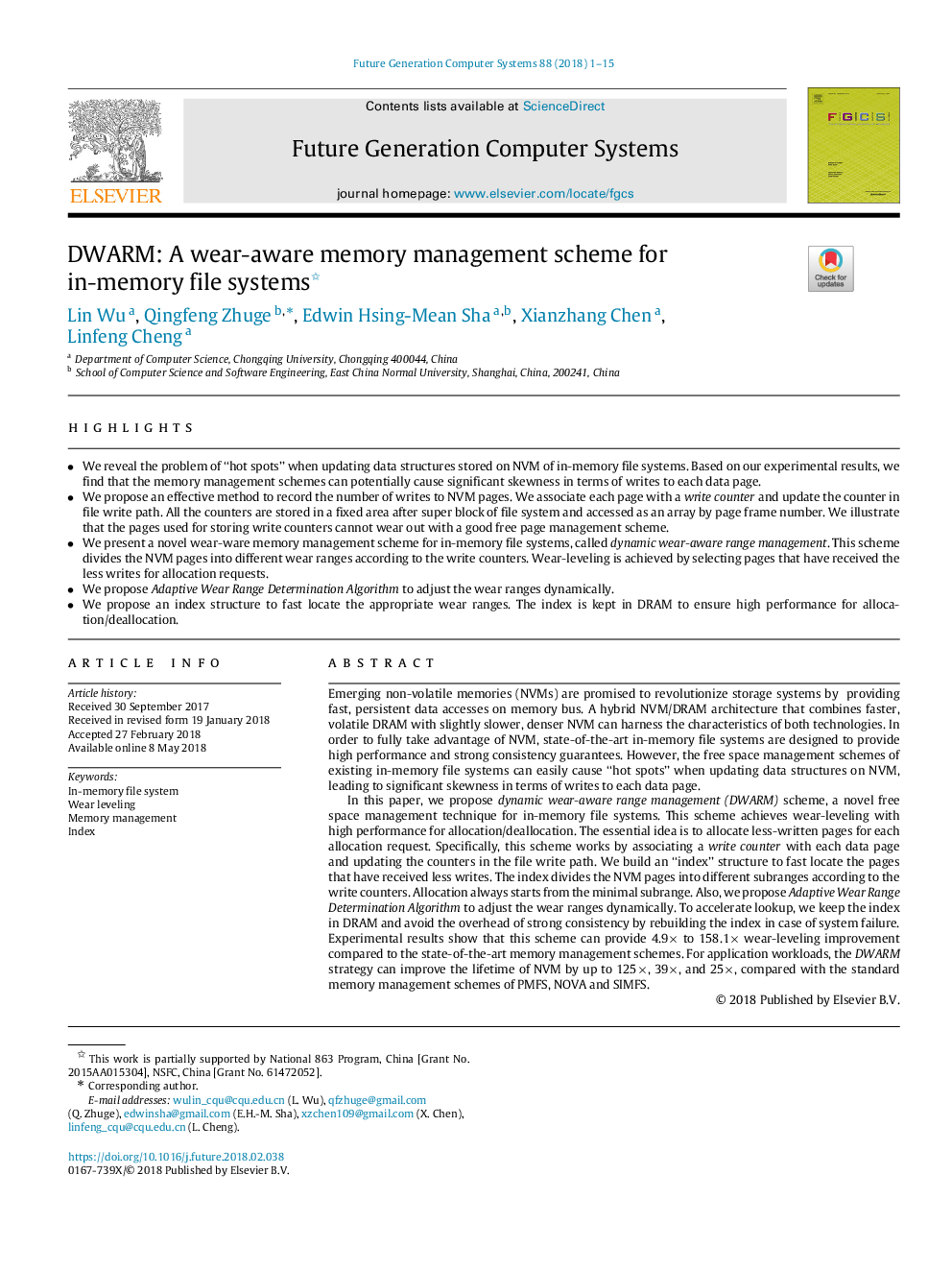 DWARM: A wear-aware memory management scheme for in-memory file systems