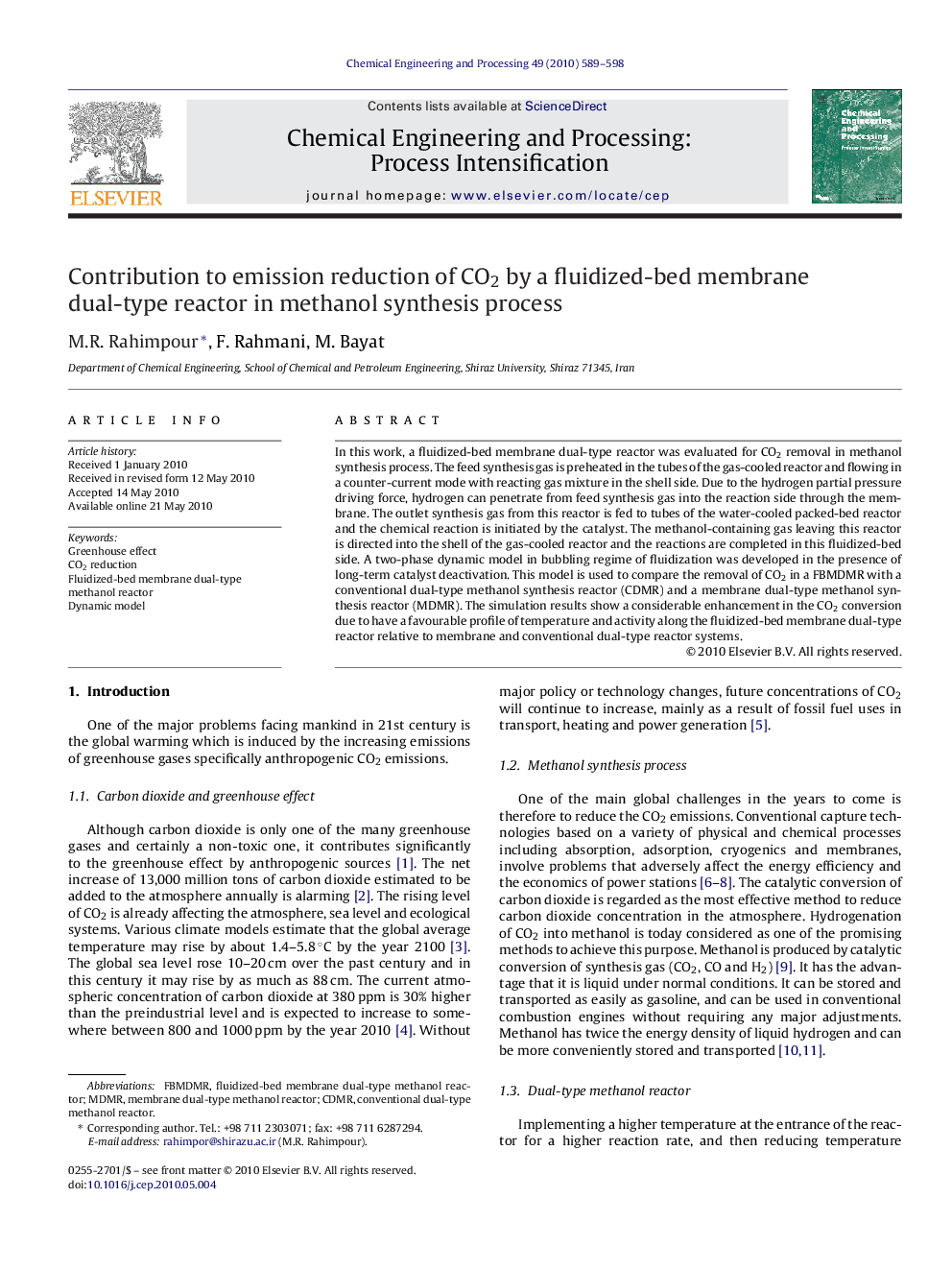 Contribution to emission reduction of CO2 by a fluidized-bed membrane dual-type reactor in methanol synthesis process