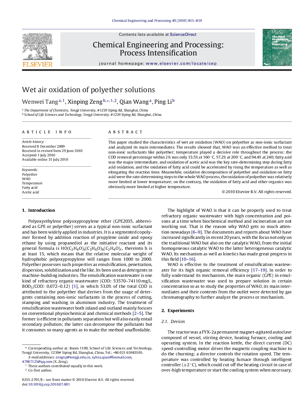 Wet air oxidation of polyether solutions