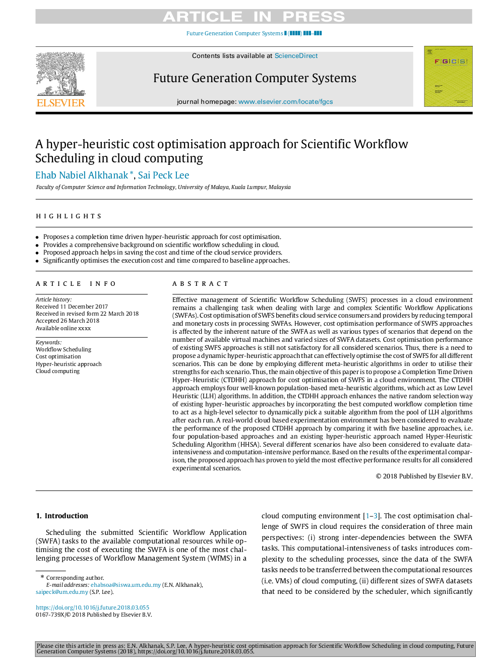 A hyper-heuristic cost optimisation approach for Scientific Workflow Scheduling in cloud computing