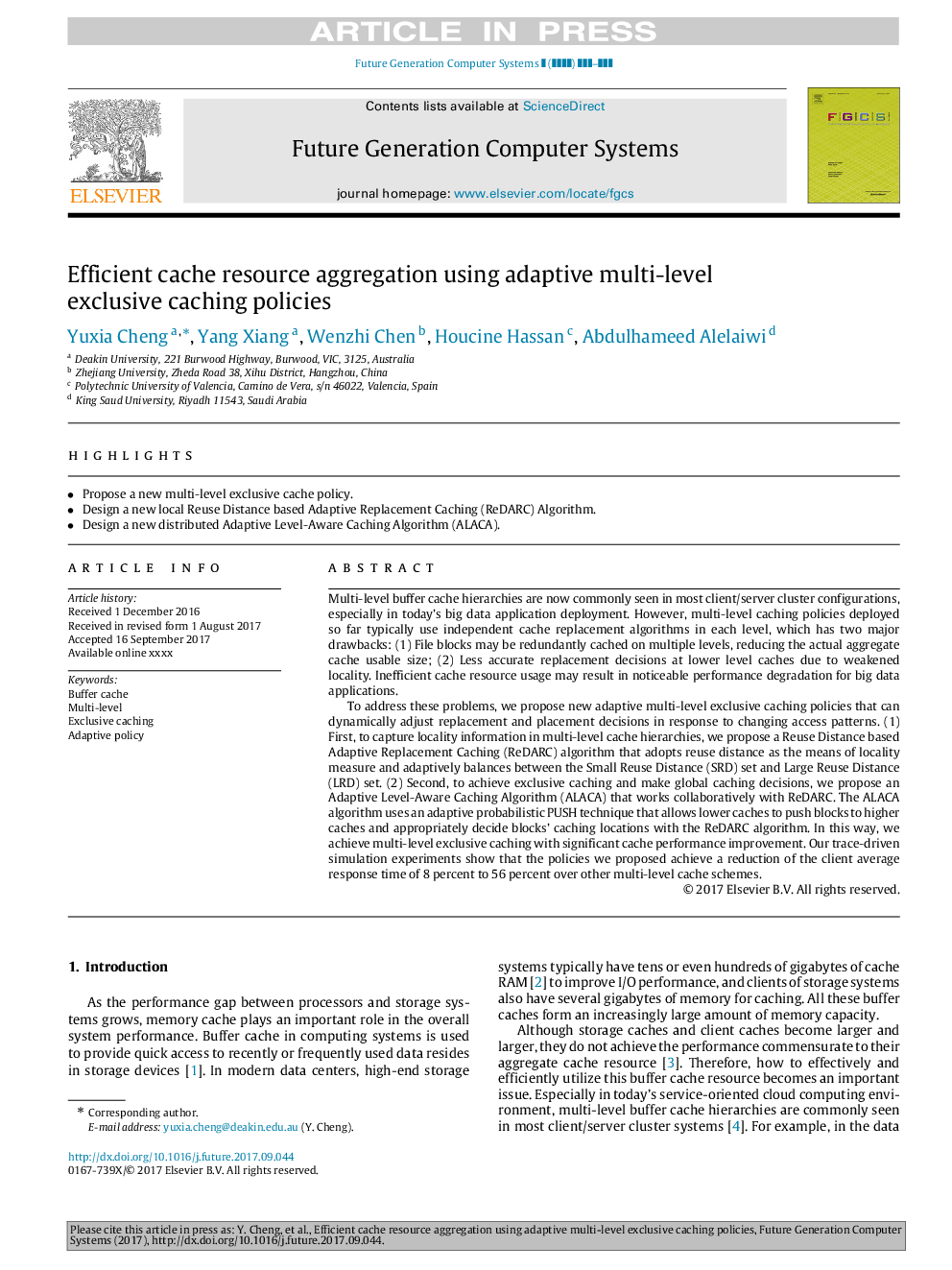 Efficient cache resource aggregation using adaptive multi-level exclusive caching policies