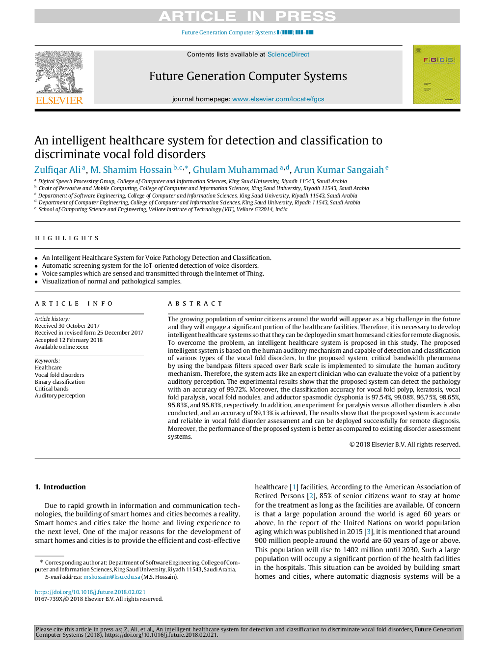 An intelligent healthcare system for detection and classification to discriminate vocal fold disorders