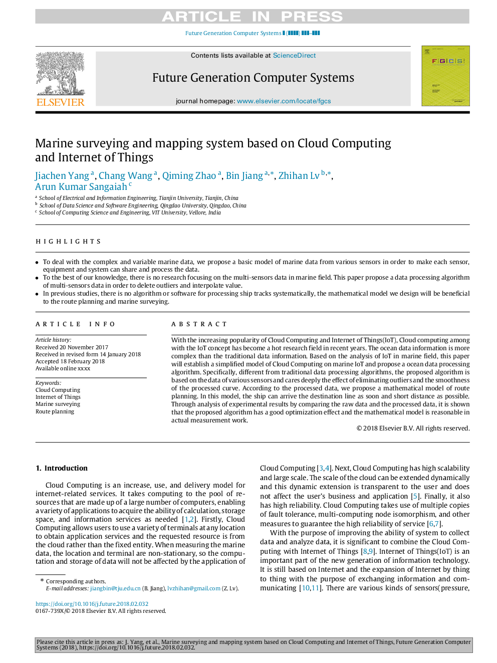 Marine surveying and mapping system based on Cloud Computing and Internet of Things