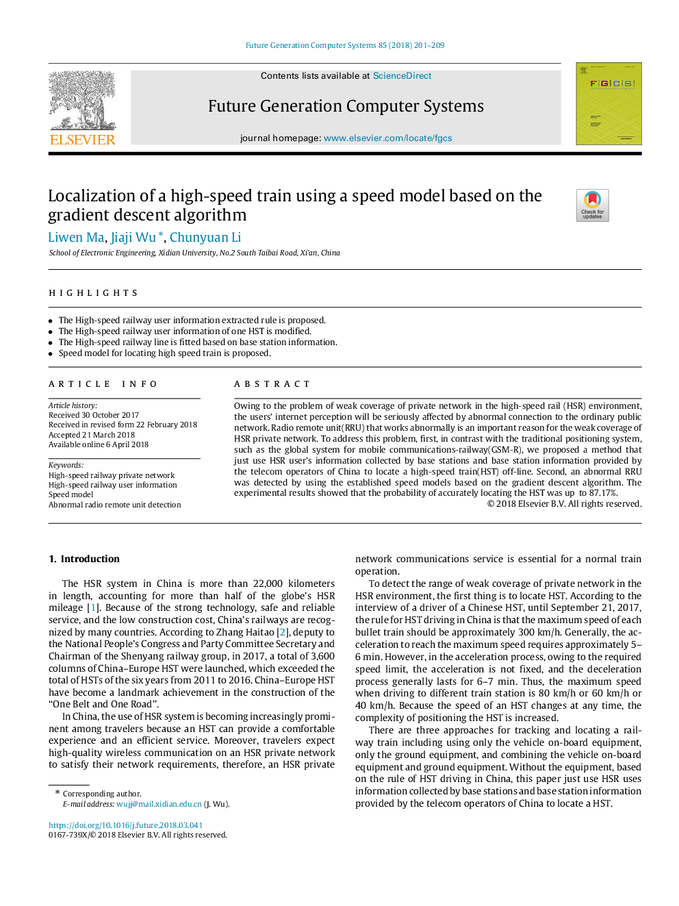 Localization of a high-speed train using a speed model based on the gradient descent algorithm