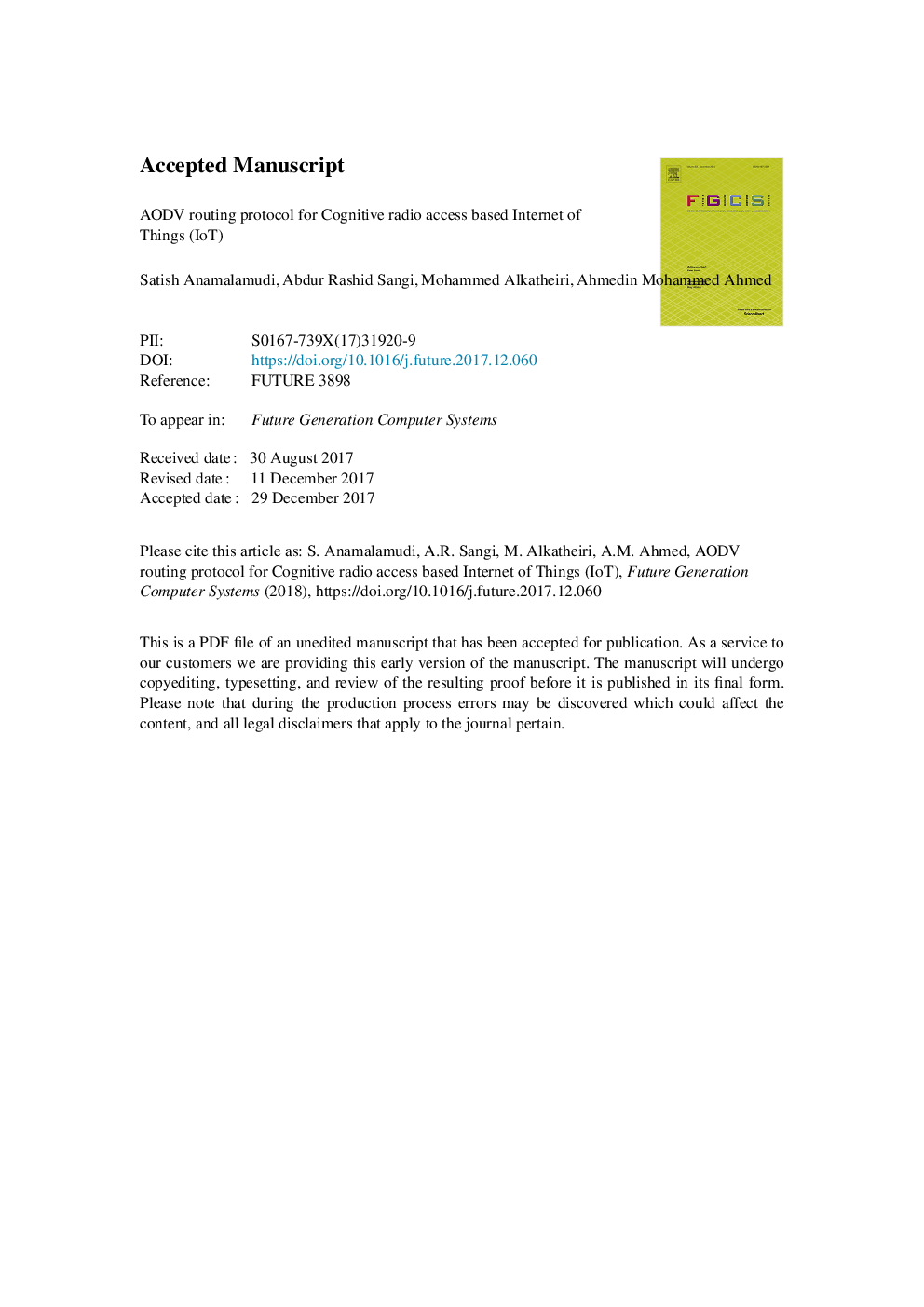 AODV routing protocol for Cognitive radio access based Internet of Things (IoT)