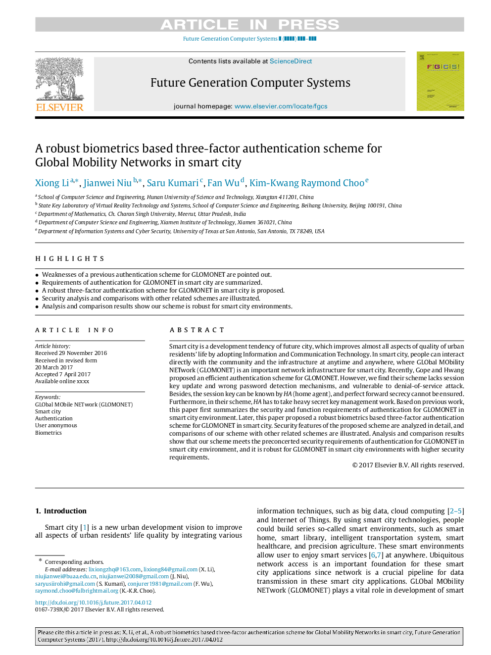 A robust biometrics based three-factor authentication scheme for Global Mobility Networks in smart city