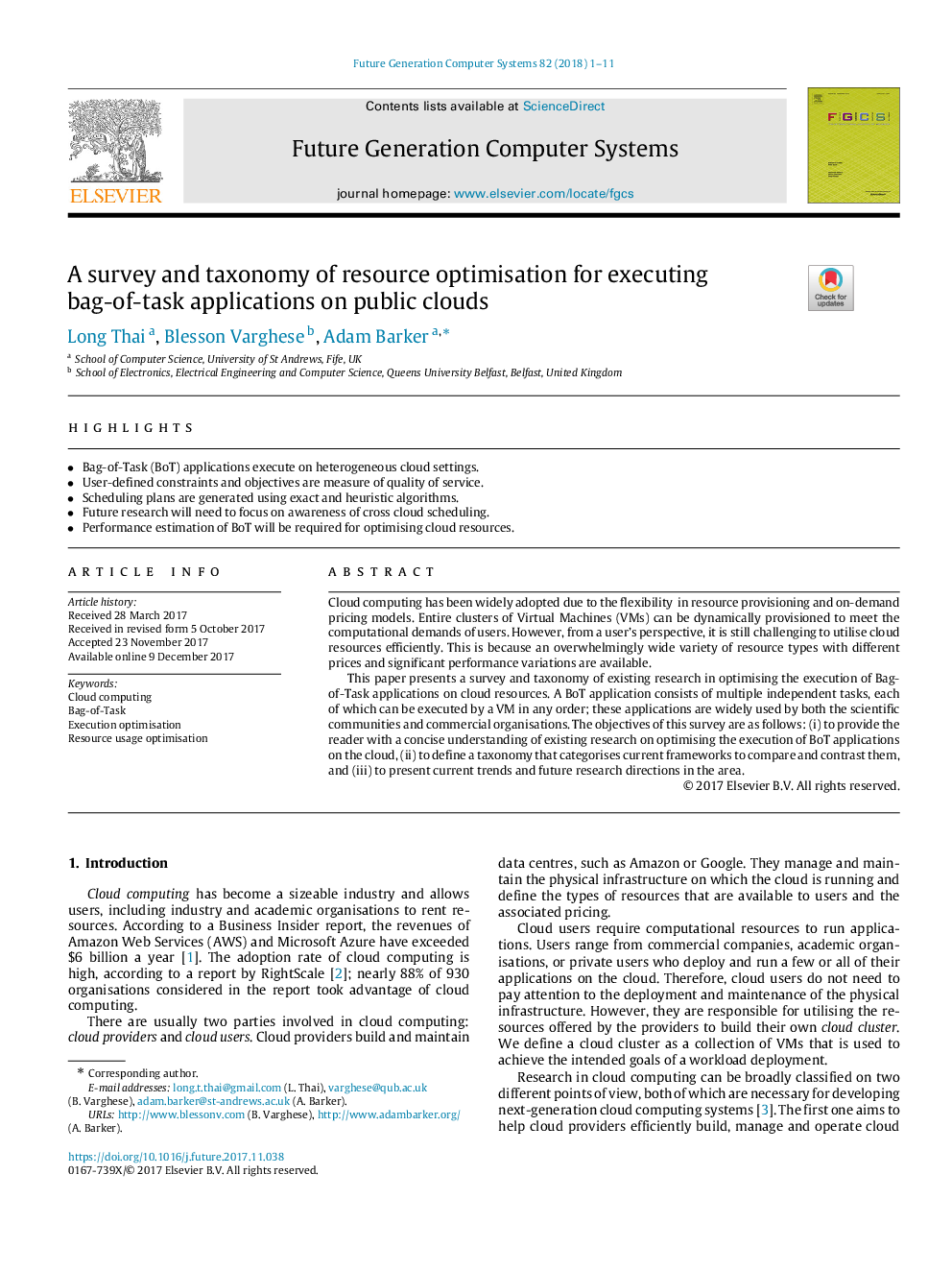 A survey and taxonomy of resource optimisation for executing bag-of-task applications on public clouds