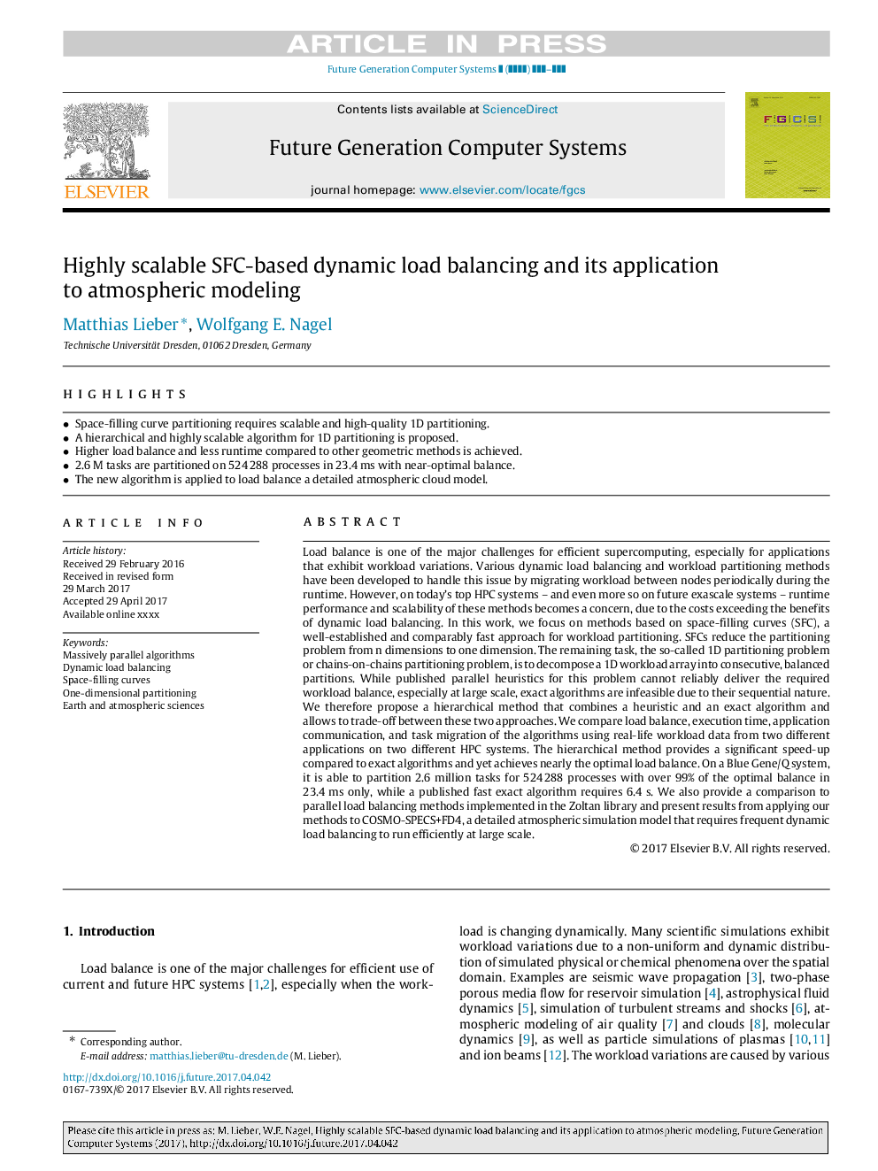 Highly scalable SFC-based dynamic load balancing and its application to atmospheric modeling