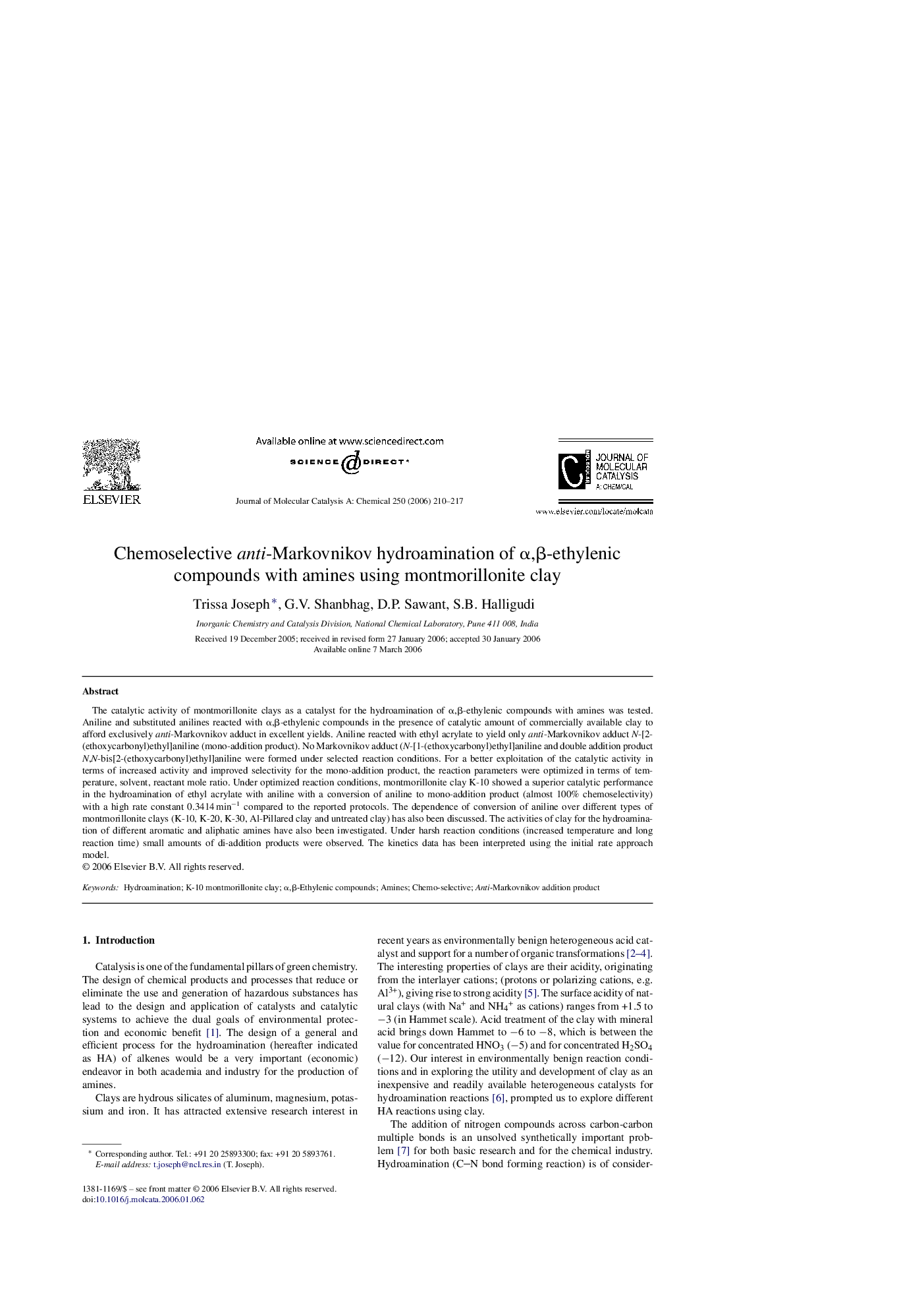 Chemoselective anti-Markovnikov hydroamination of α,β-ethylenic compounds with amines using montmorillonite clay