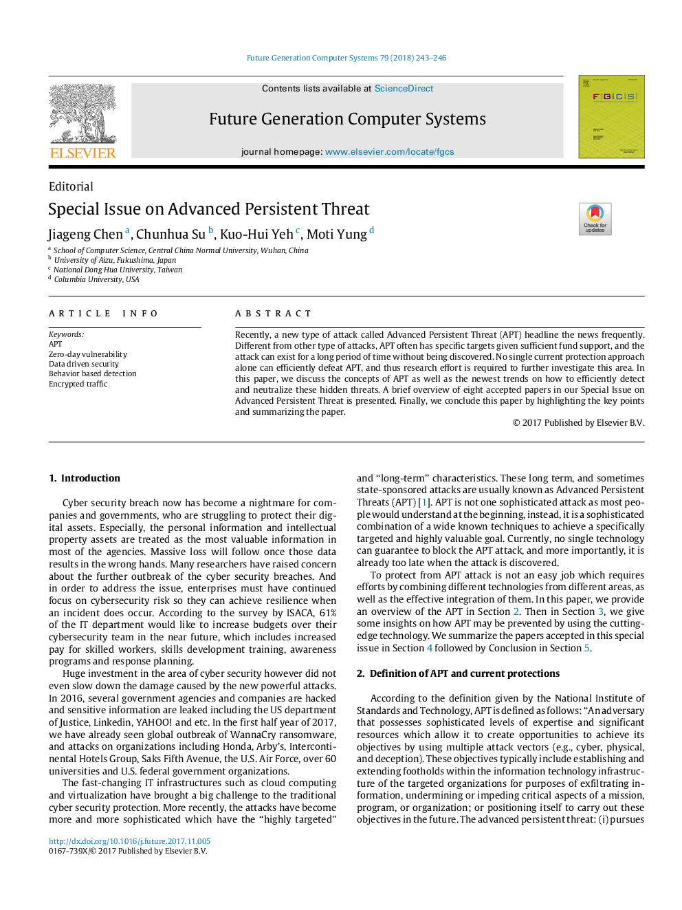 Special Issue on Advanced Persistent Threat