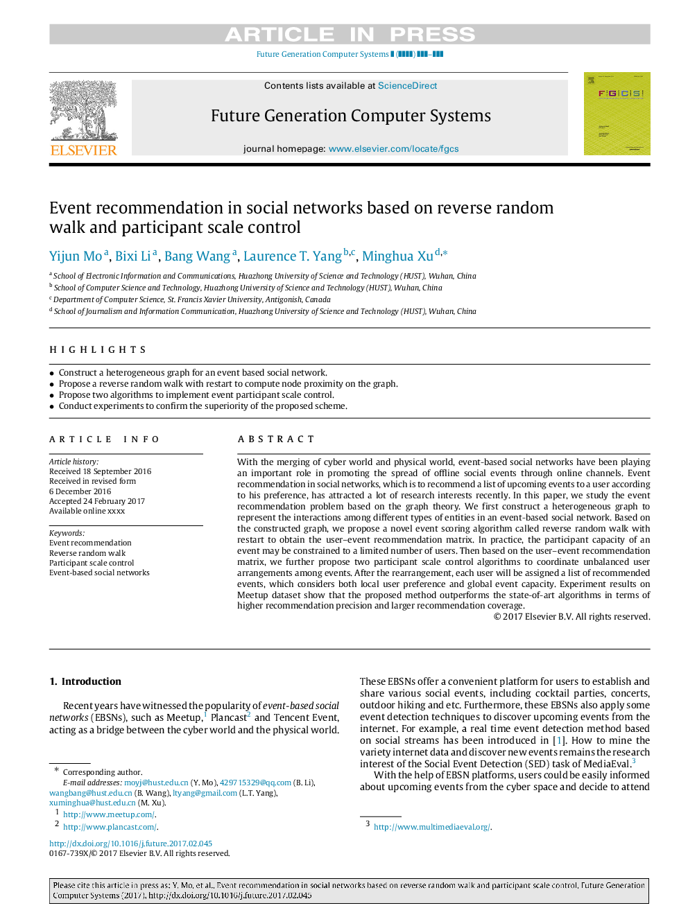 Event recommendation in social networks based on reverse random walk and participant scale control