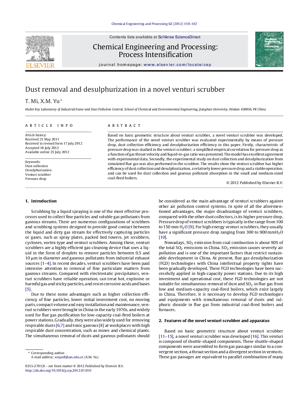 Dust removal and desulphurization in a novel venturi scrubber