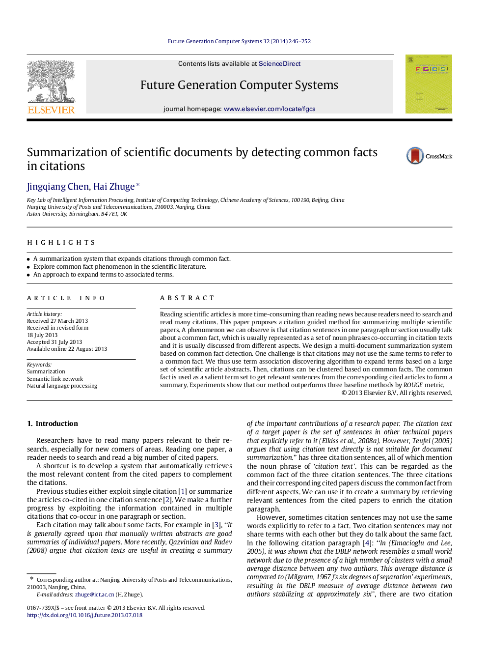 Summarization of scientific documents by detecting common facts in citations