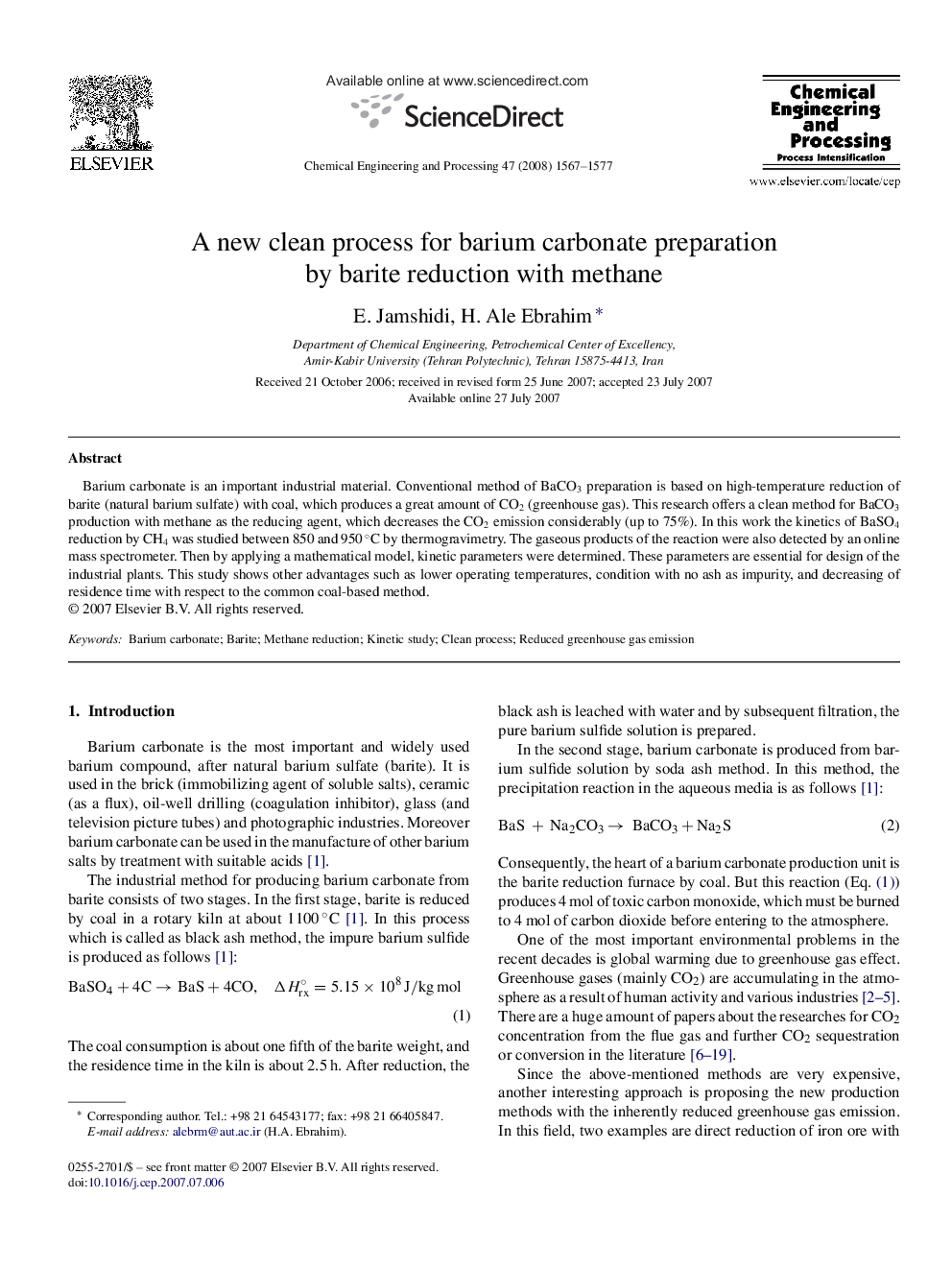 A new clean process for barium carbonate preparation by barite reduction with methane