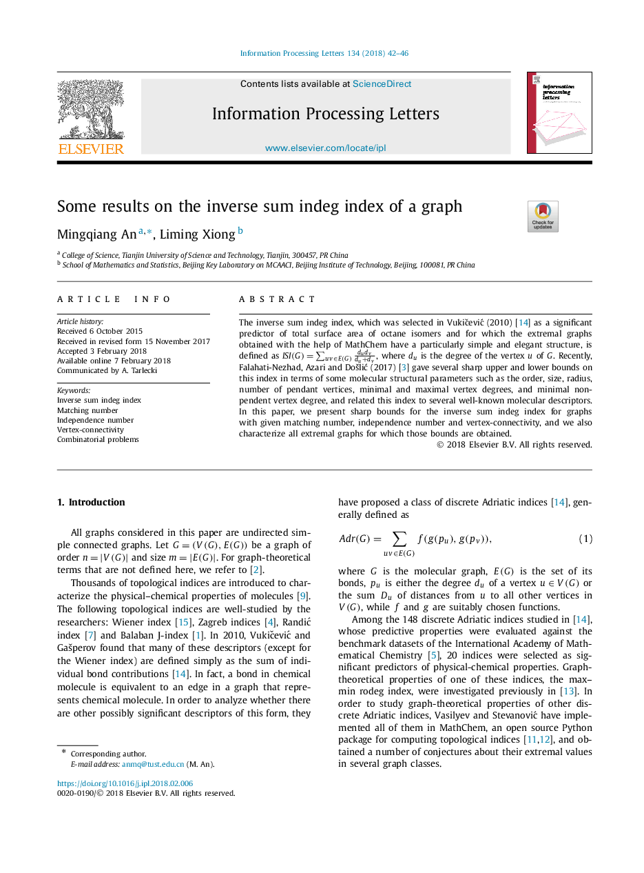 عکس صفحه اول مقاله: Some results on the inverse sum indeg index of a graph Some results on the inverse sum indeg index of a graph