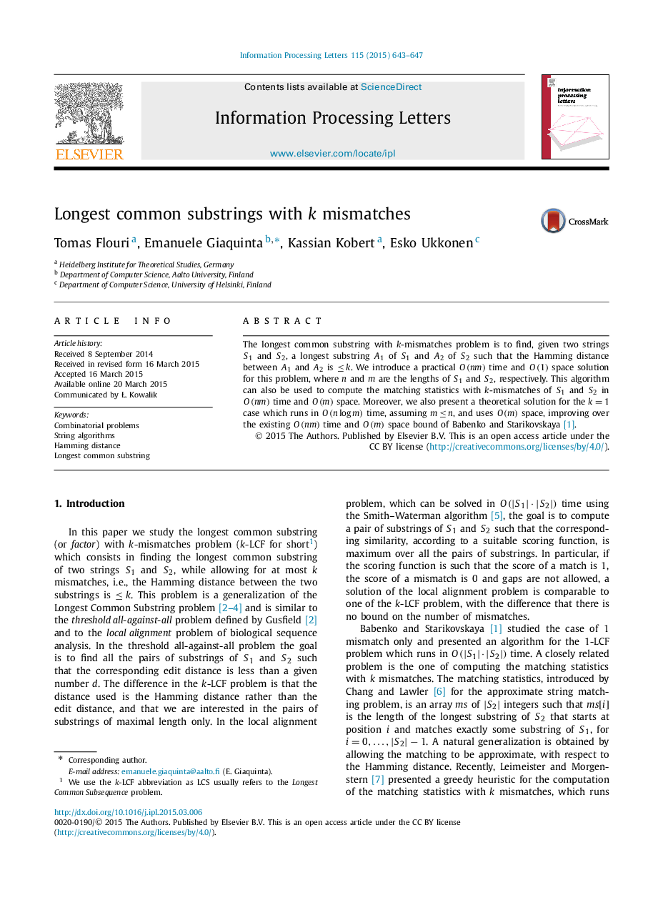 Longest common substrings with k mismatches