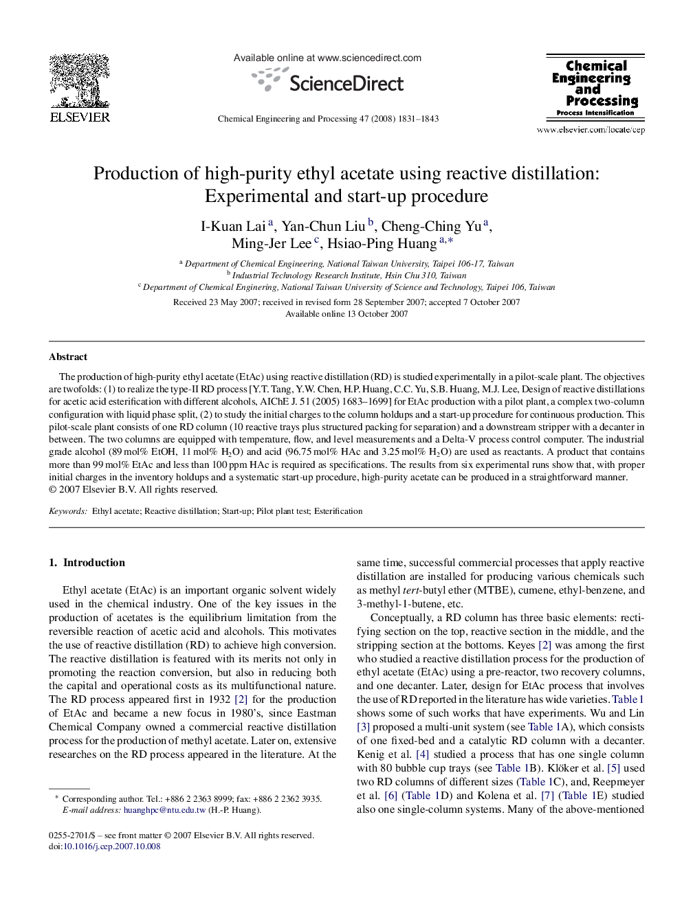 Production of high-purity ethyl acetate using reactive distillation: Experimental and start-up procedure