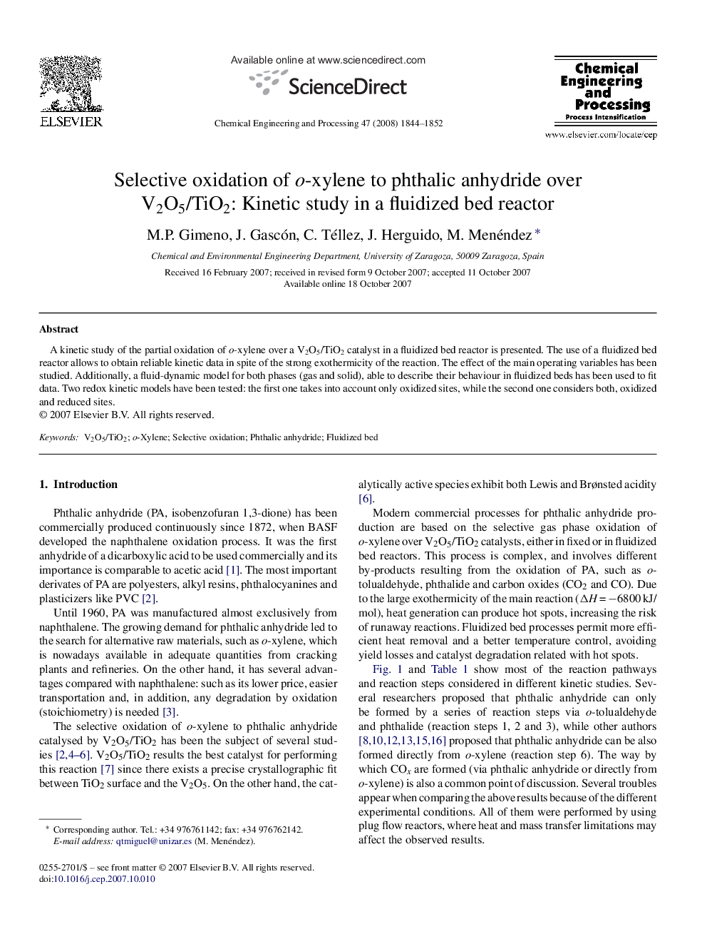 عکس صفحه اول مقاله: Selective oxidation of o-xylene to phthalic anhydride over V2O5/TiO2: Kinetic study in a fluidized bed reactor Selective oxidation of o-xylene to phthalic anhydride over V2O5/TiO2: Kinetic study in a fluidized bed reactor