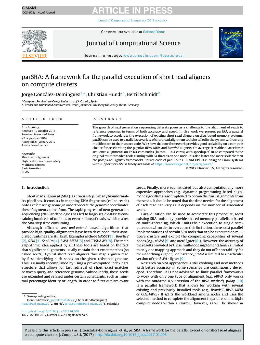 parSRA: A framework for the parallel execution of short read aligners on compute clusters