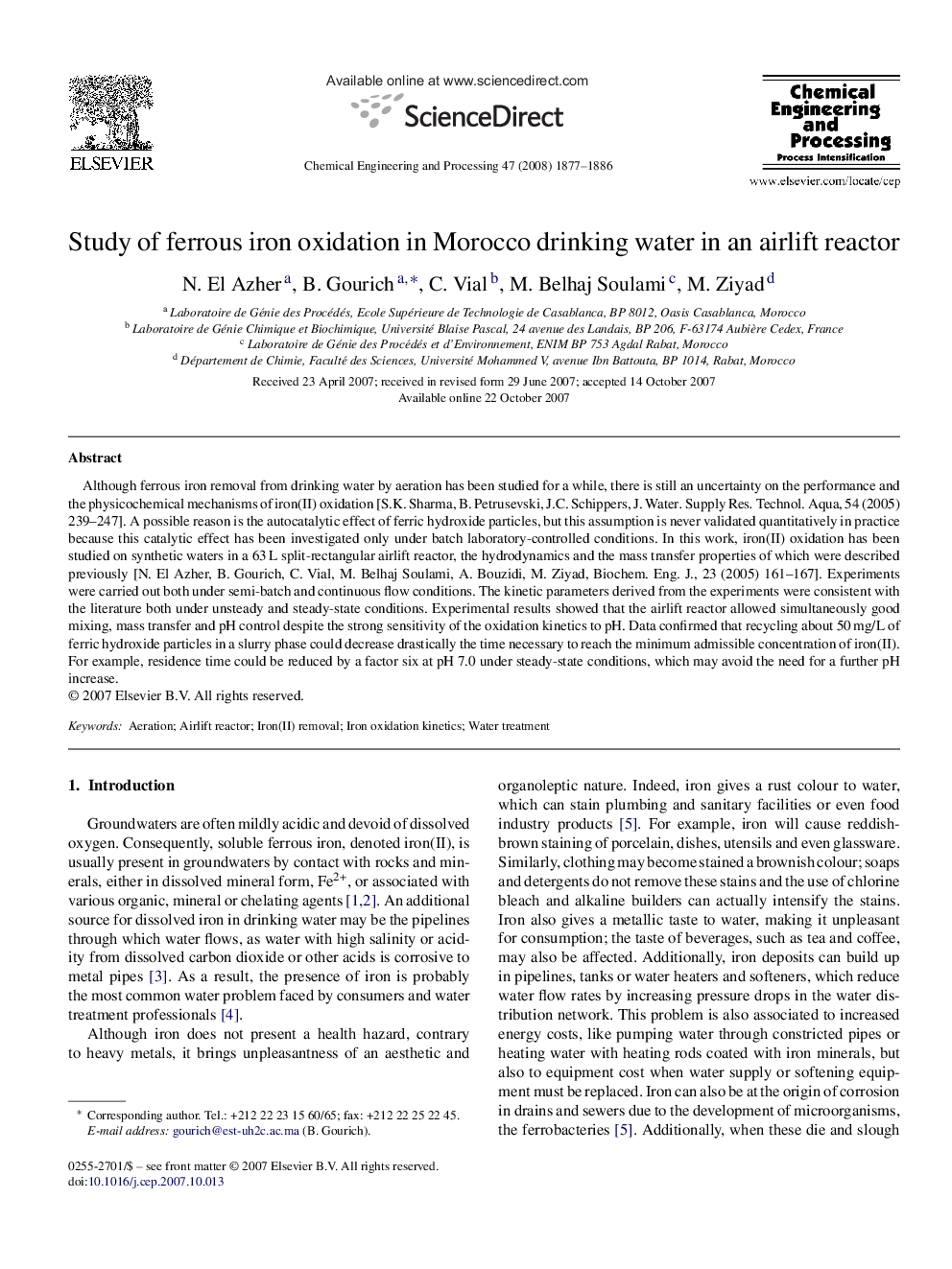 Study of ferrous iron oxidation in Morocco drinking water in an airlift reactor