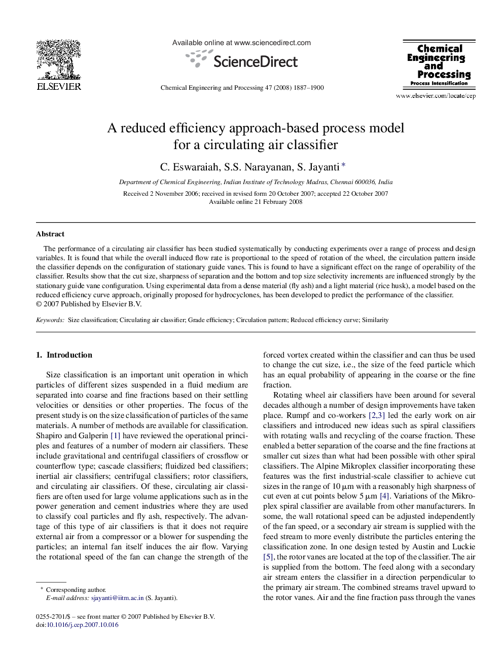 A reduced efficiency approach-based process model for a circulating air classifier