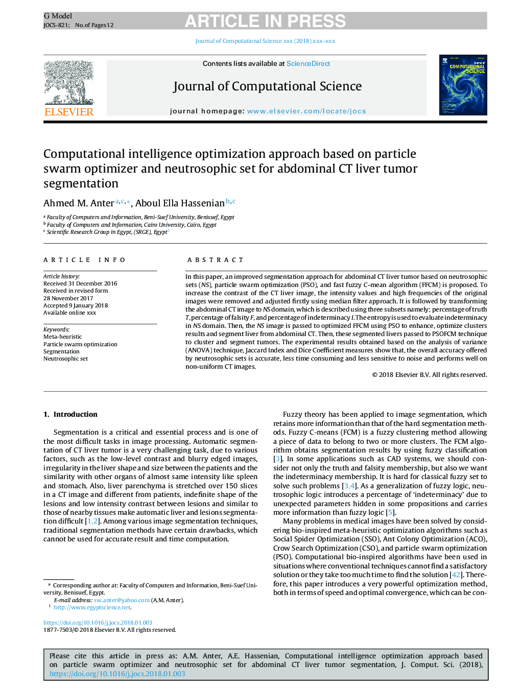 Computational intelligence optimization approach based on particle swarm optimizer and neutrosophic set for abdominal CT liver tumor segmentation
