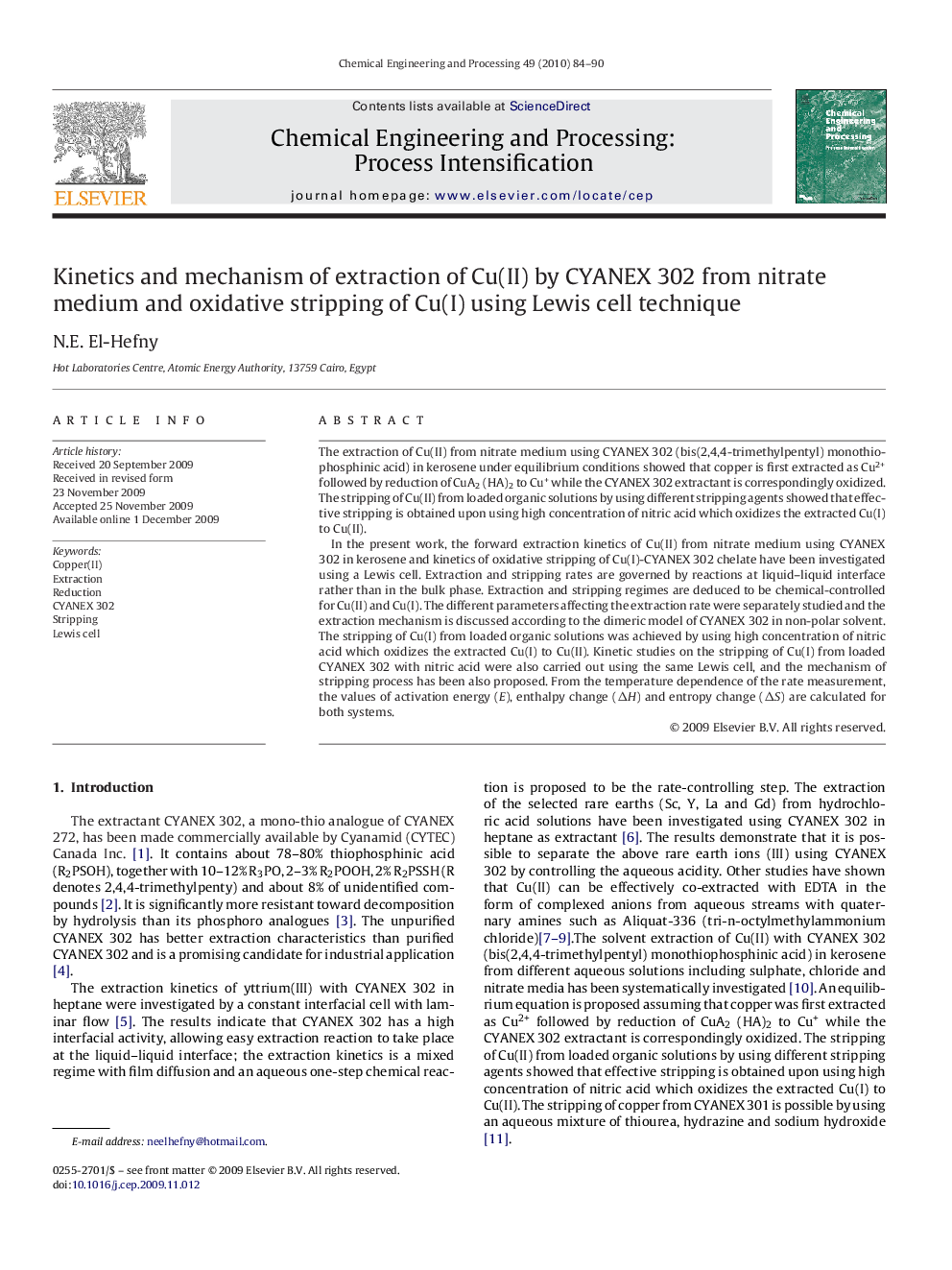 Kinetics and mechanism of extraction of Cu(II) by CYANEX 302 from nitrate medium and oxidative stripping of Cu(I) using Lewis cell technique