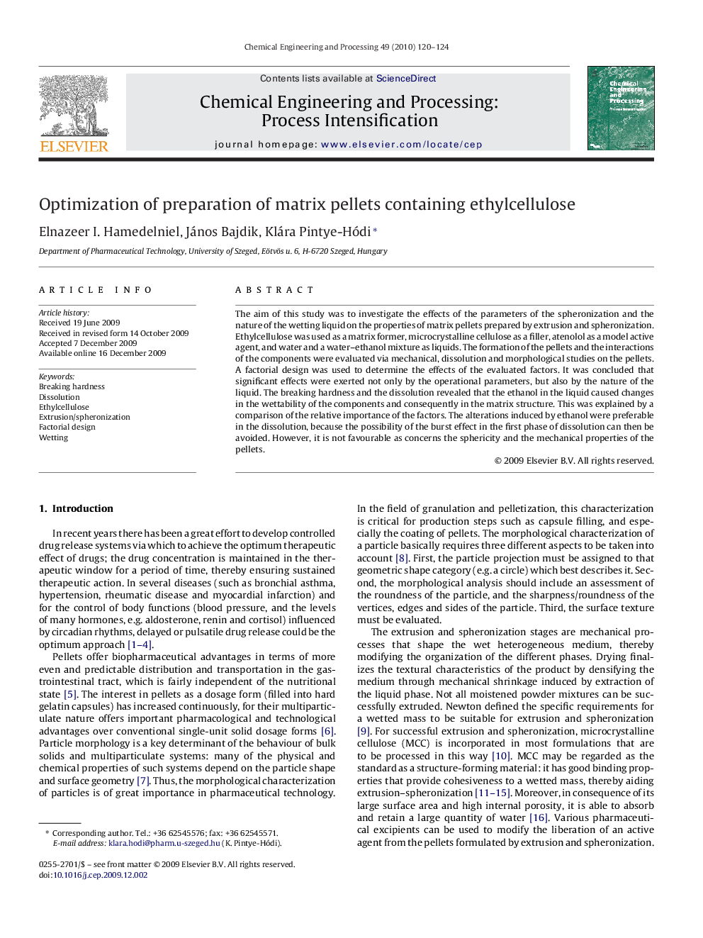 Optimization of preparation of matrix pellets containing ethylcellulose