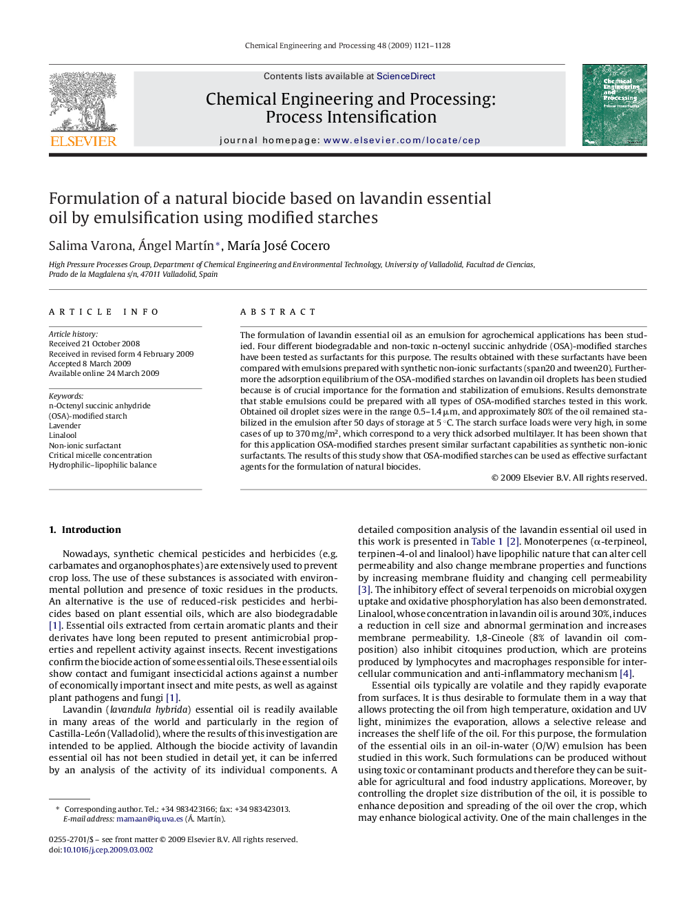 Formulation of a natural biocide based on lavandin essential oil by emulsification using modified starches